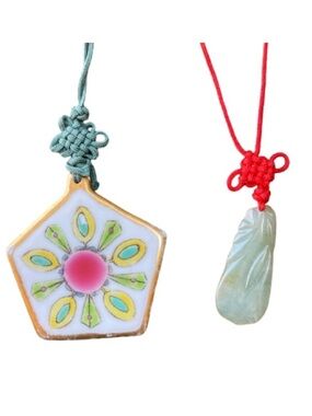 Vintage Hand Crafted Artisan Jade Necklace & Painted Porcelain Tile Necklace
